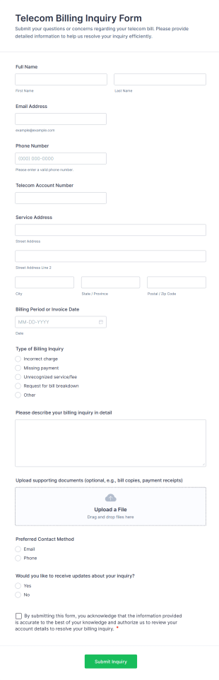 Telecom Billing Inquiry Form Template