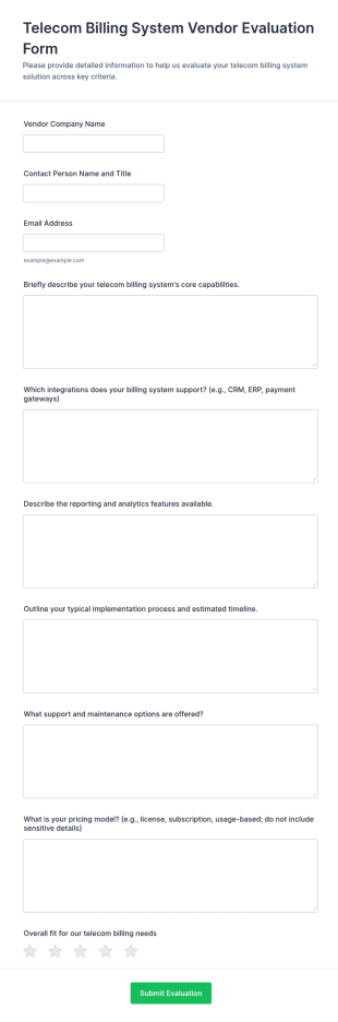 Telecom Billing System Vendor Evaluation Form Template