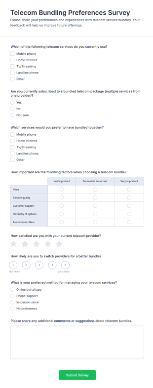 Telecom Bundling Preferences Survey Form Template