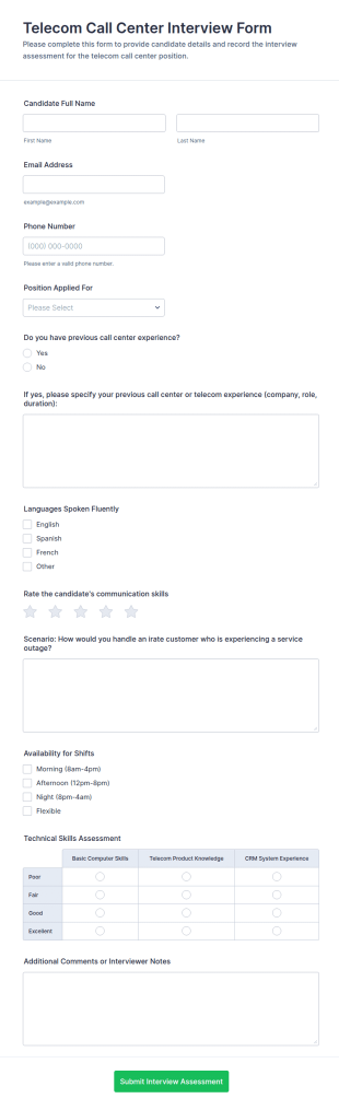 Telecom Call Center Interview Form Template