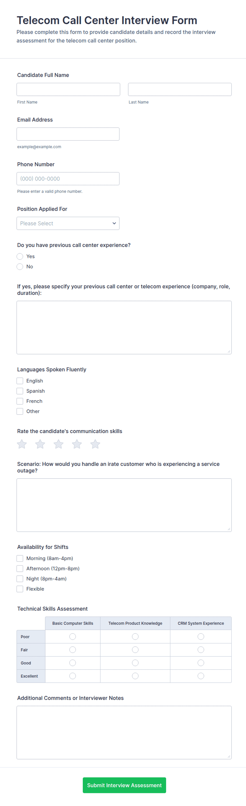Telecom Call Center Interview Form Template | Jotform