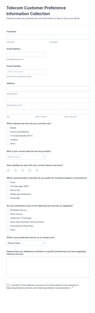 Telecom Customer Preference Information Collection Form Template