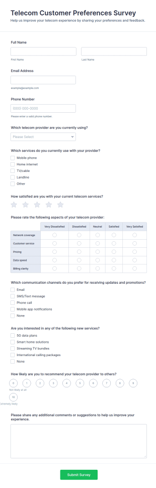 Telecom Customer Preferences Survey Form Template