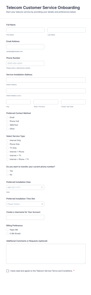 Telecom Customer Service Onboarding Form Template