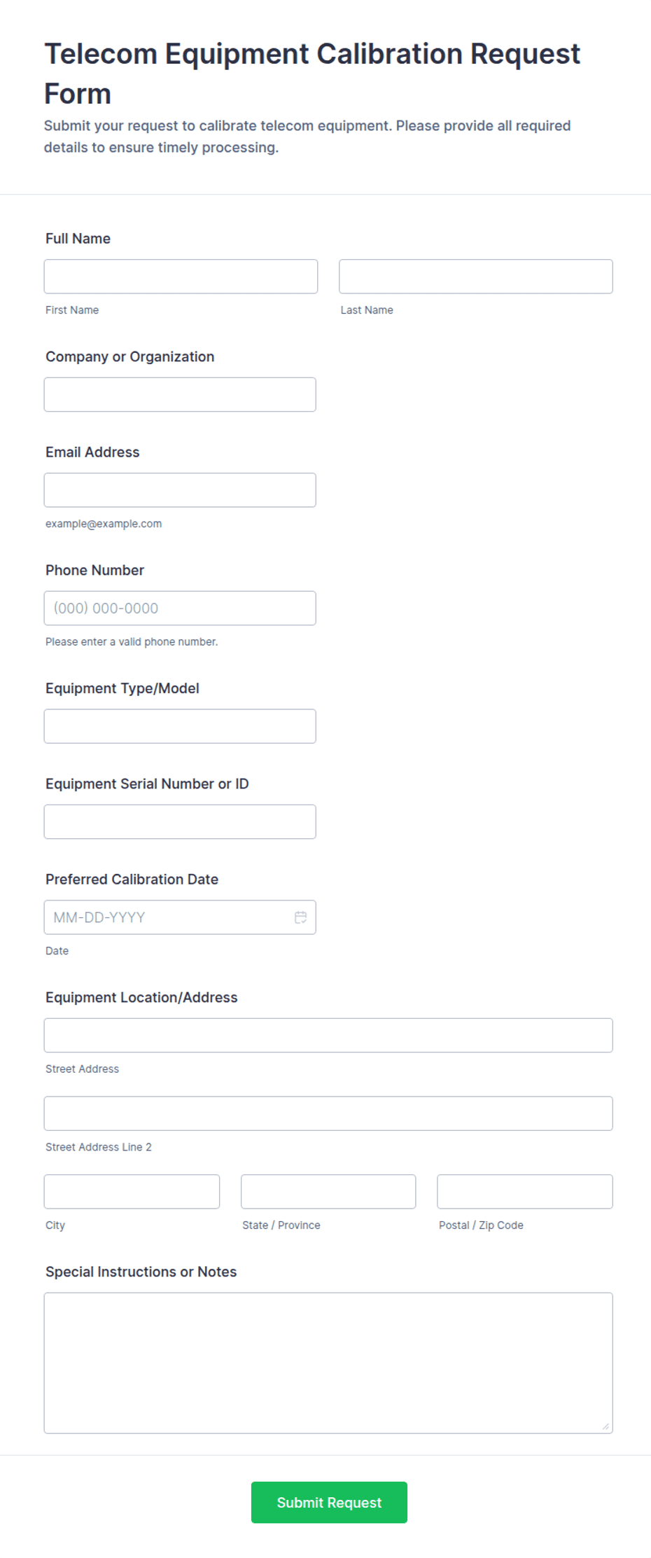 Telecom Equipment Calibration Request Form Template | Jotform