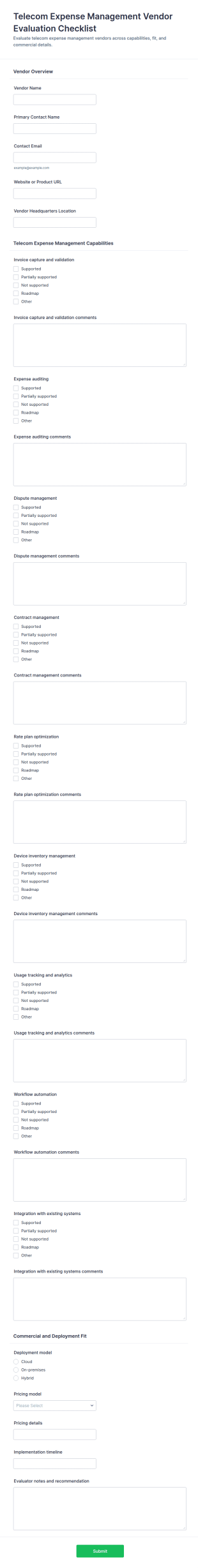Telecom Expense Management Vendor Evaluation Checklist Form Template
