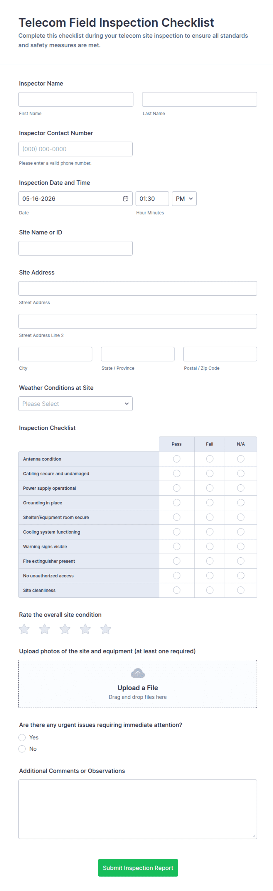 Format Field Inspection Telecom Field Inspection Checklist Form Template | Jotform