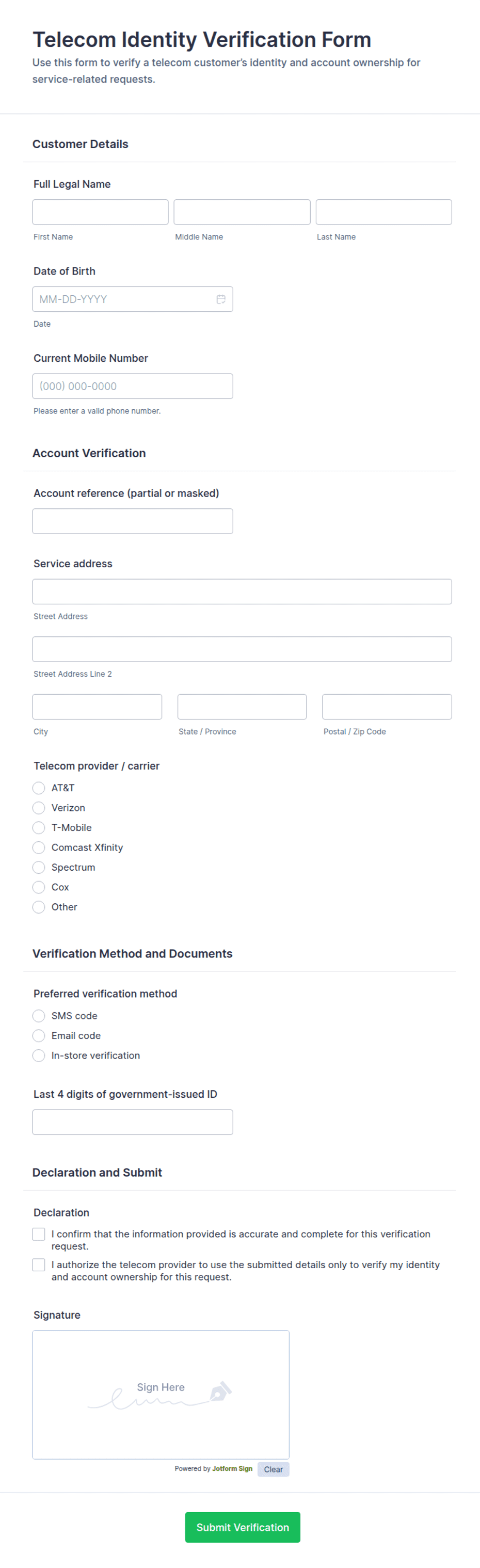 Telecom Identity Verification Form Template | Jotform