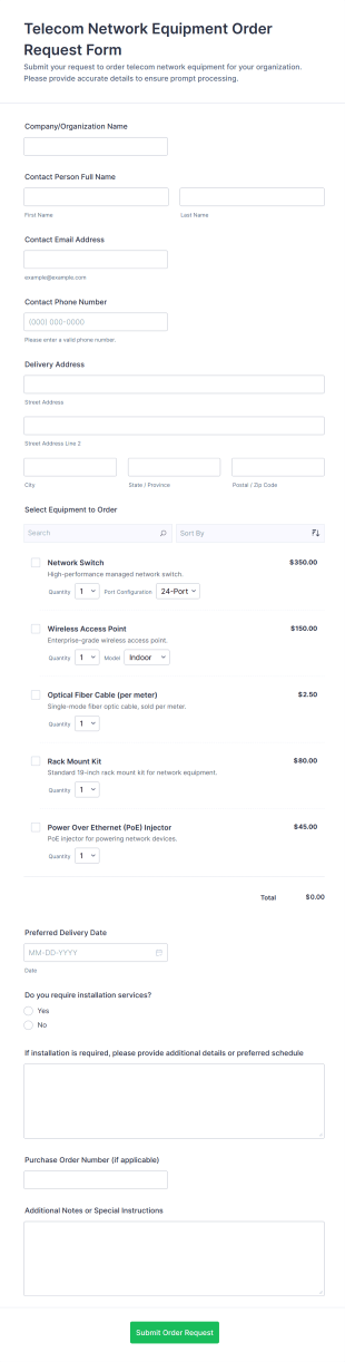Telecom Network Equipment Order Request Form Template