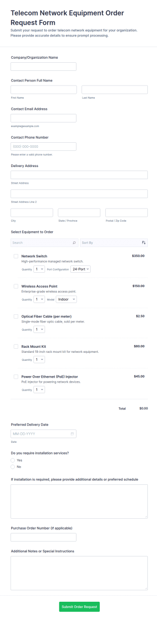 Telecom Network Equipment Order Request Form Template