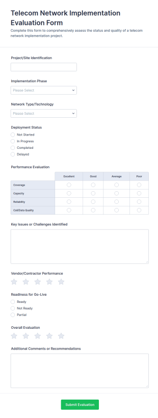 Telecom Network Implementation Evaluation Form Template