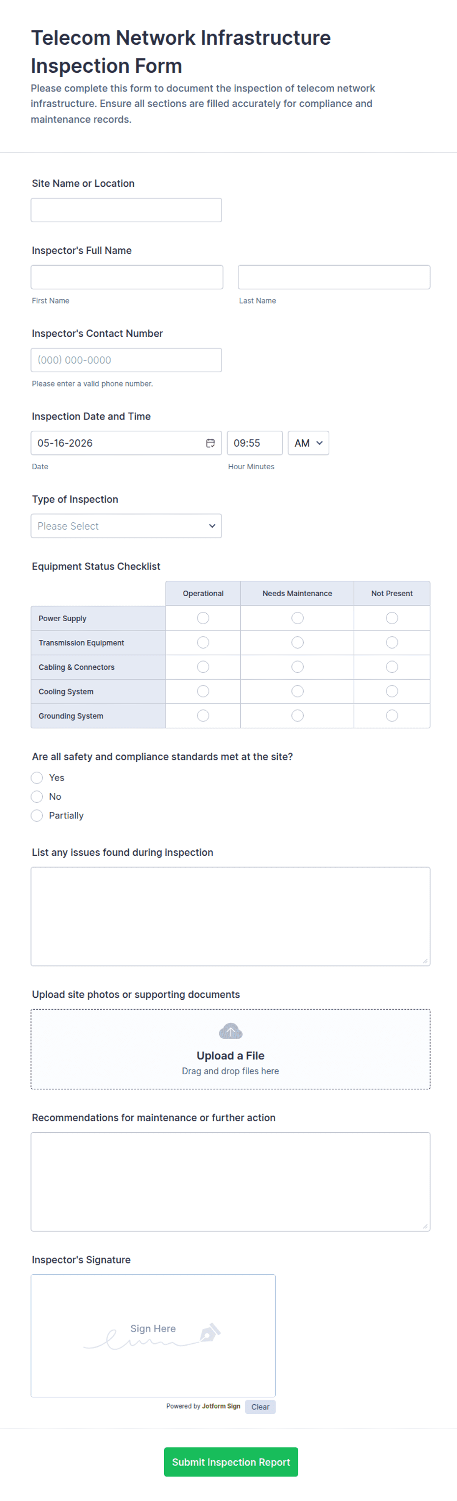 Telecom Network Infrastructure Inspection Form Template | Jotform