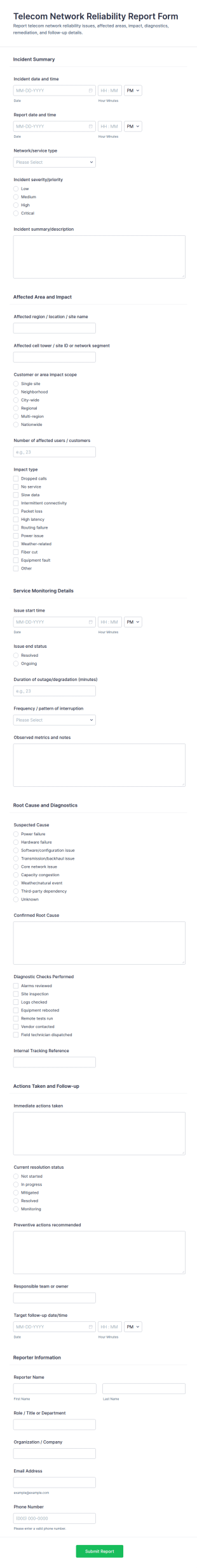 Telecom Network Reliability Report Form Template