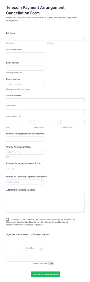 Telecom Payment Arrangement Cancellation Form Template
