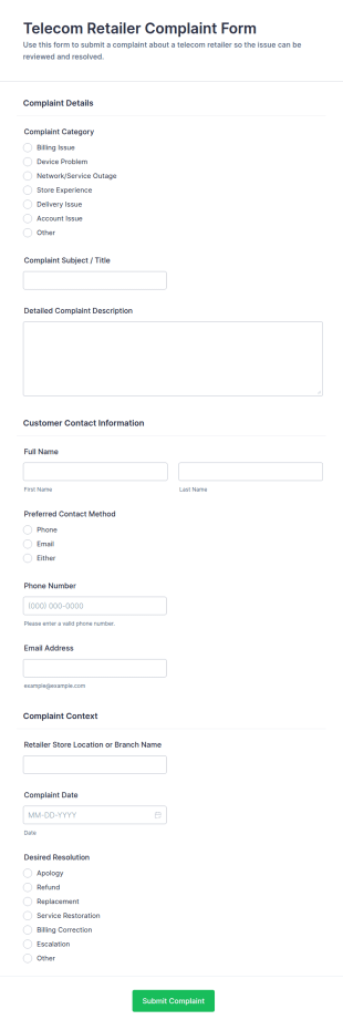 Telecom Retailer Complaint Form Template
