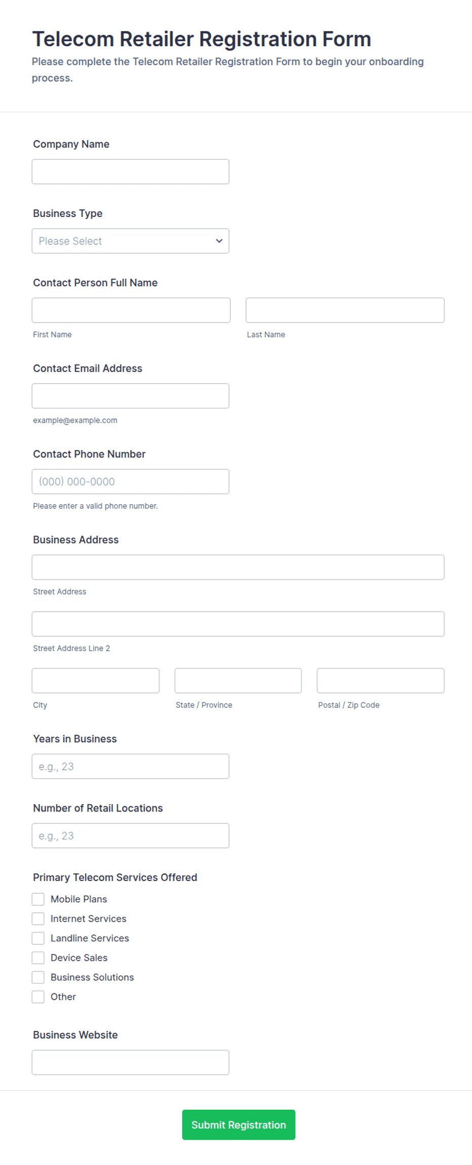 Telecom Retailer Registration Form Template | Jotform