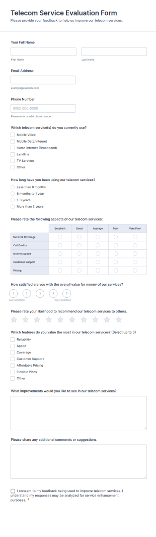 Telecom Service Evaluation Form Template