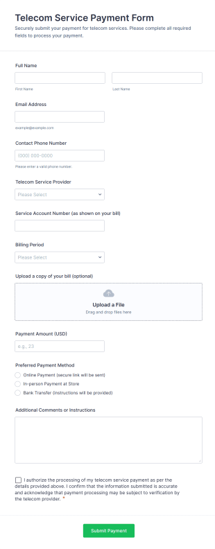Telecom Service Payment Form Template