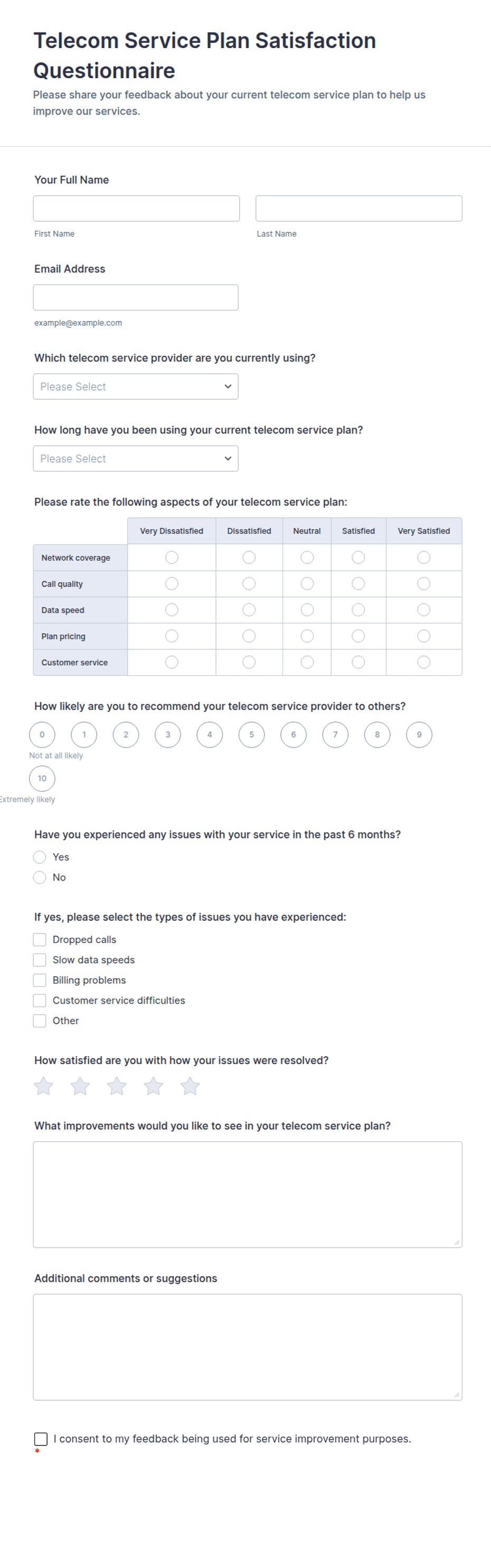 Telecom Service Plan Satisfaction Questionnaire Form Template | Jotform