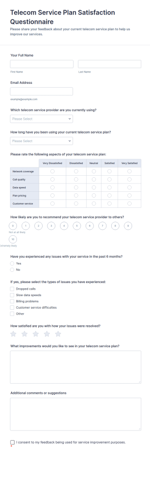 Telecom Service Plan Satisfaction Questionnaire Form Template
