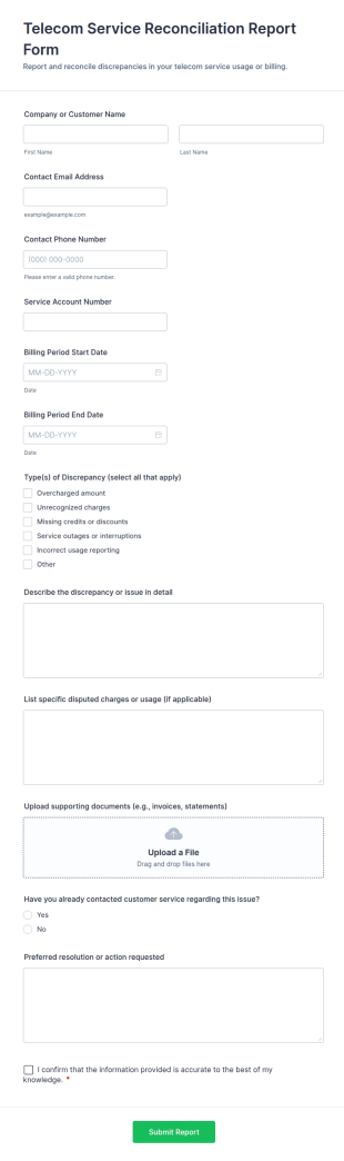 Telecom Service Reconciliation Report Form Template