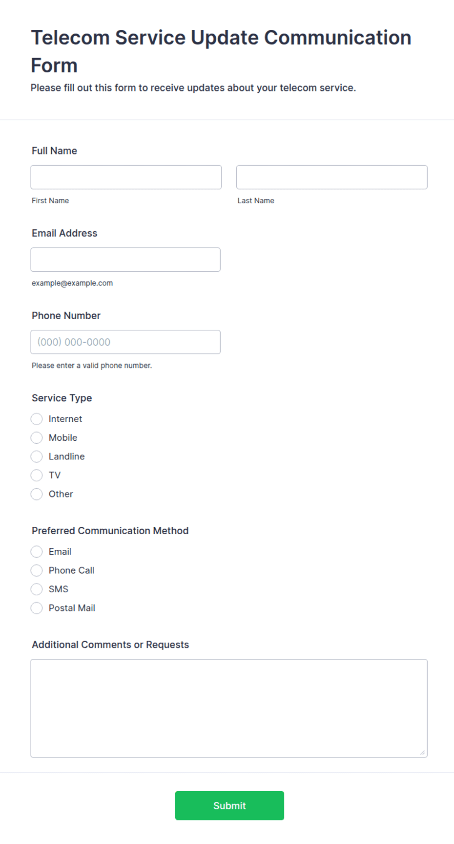 Telecommunication Form Telecom Service Update Communication Form Template | Jotform