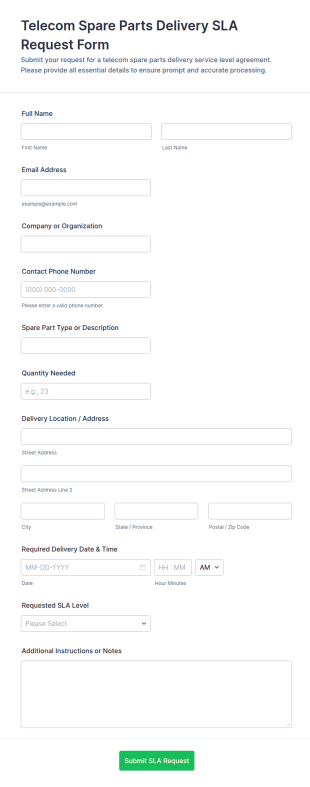 Telecom Spare Parts Delivery SLA Request Form Template