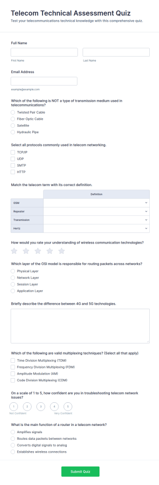 Telecom Technical Assessment Quiz Form Template