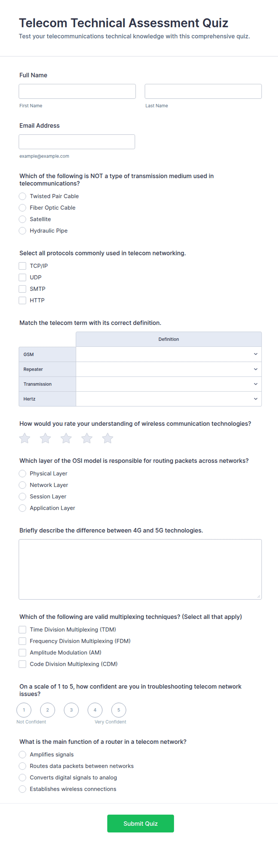 Technical Functionality Testing Forms Telecom Technical Assessment Quiz Form Template | Jotform