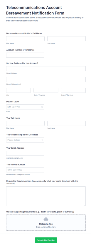 Telecommunications Account Bereavement Notification Form Template