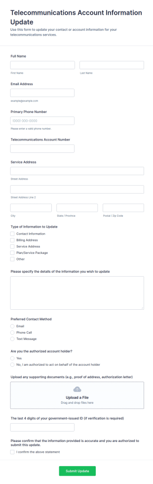 Telecommunications Account Information Update Form Template