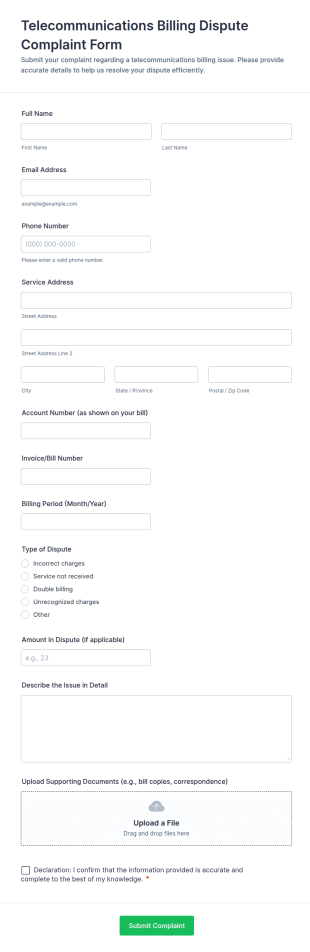 Telecommunications Billing Dispute Complaint Form Template