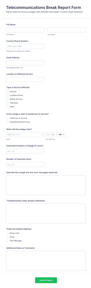 Telecommunications Break Report Form Template