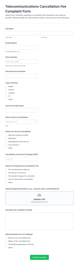 Telecommunications Cancellation Fee Complaint Form Template