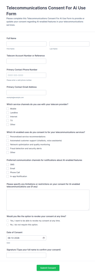 Telecommunications Consent For AI Use Form Template