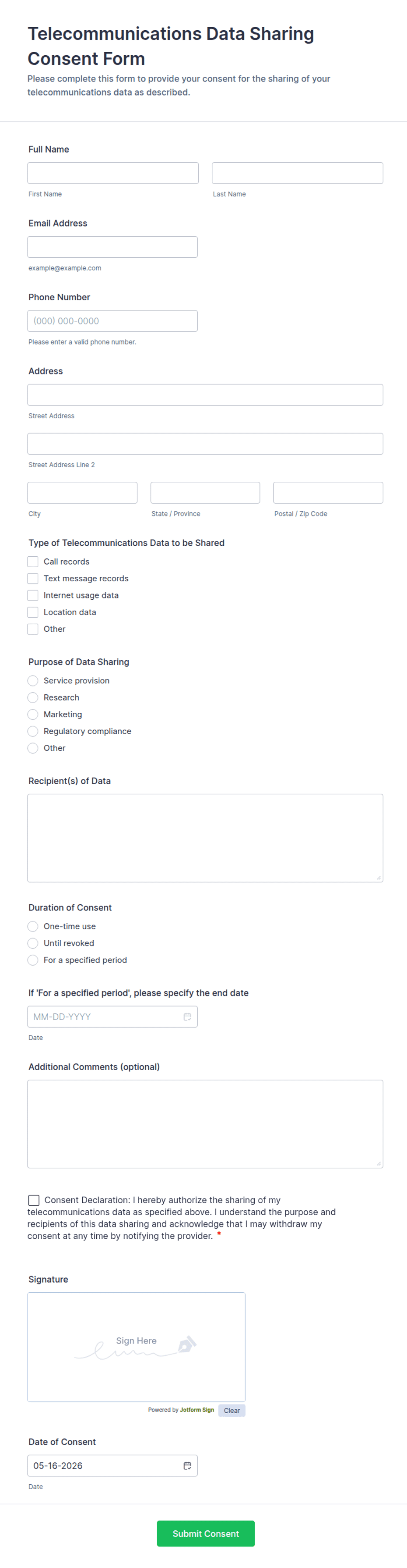 Telecommunications Data Sharing Consent Form Template | Jotform