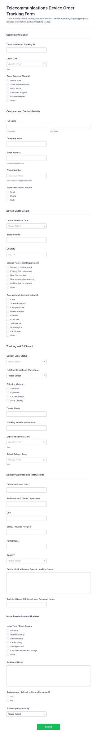 Telecommunications Device Order Tracking Form Template