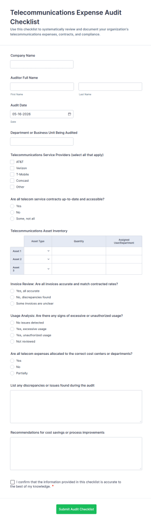 Telecommunications Expense Audit Checklist Form Template