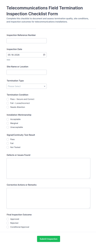 Telecommunications Field Termination Inspection Checklist Form Template