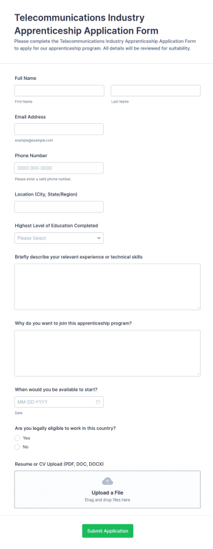 Telecommunications Industry Apprenticeship Application Form Template