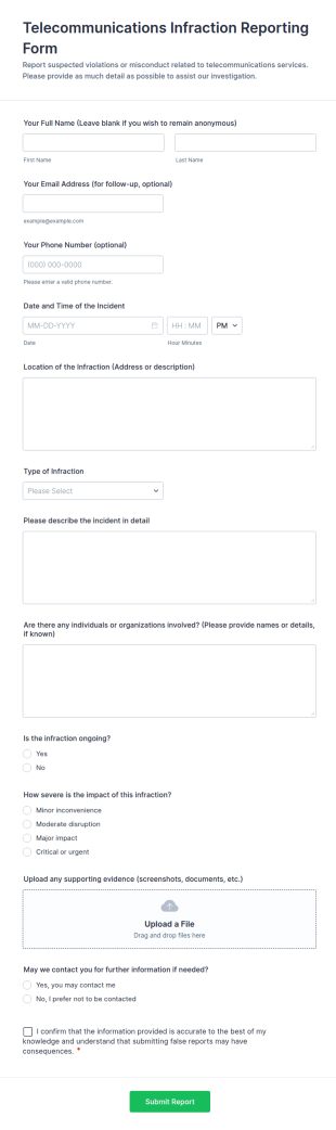 Telecommunications Infraction Reporting Form Template