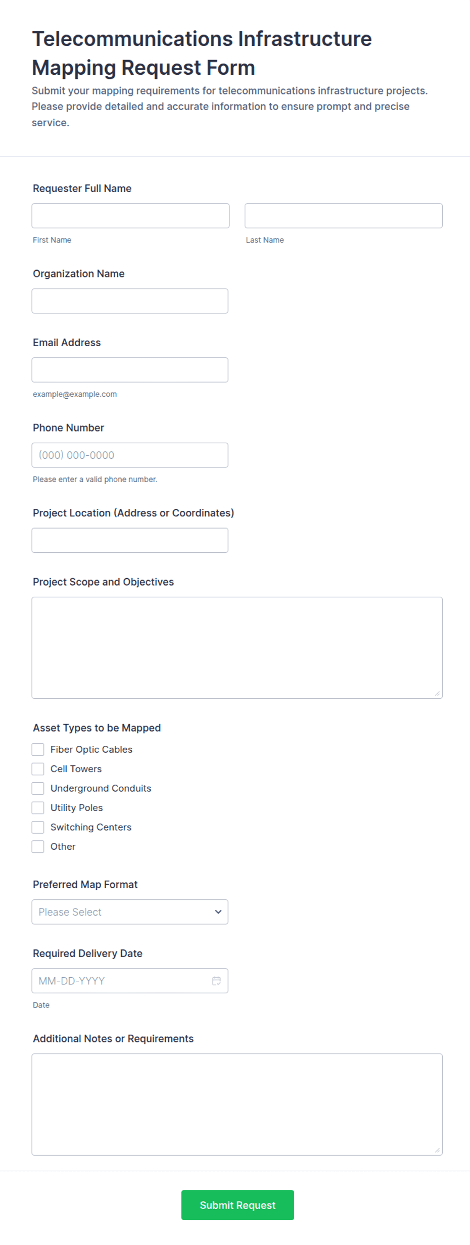 Telecommunications Infrastructure Mapping Request Form Template | Jotform