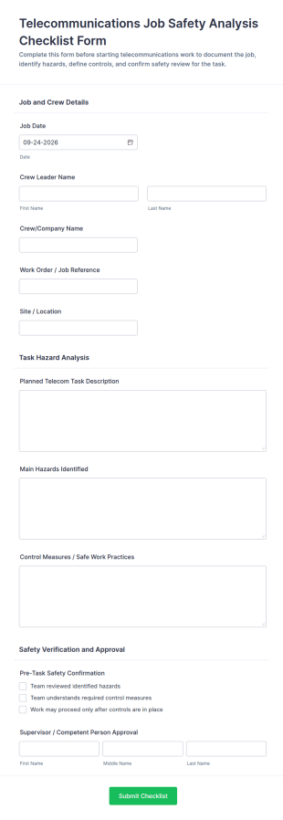 Telecommunications Job Safety Analysis Checklist Form Template