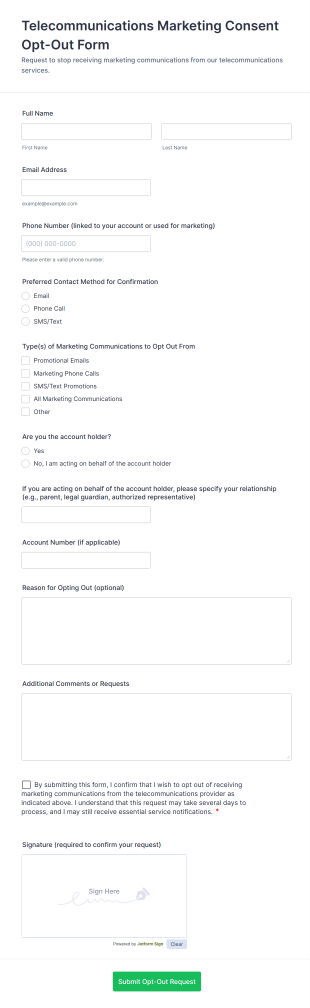 Telecommunications Marketing Consent Opt Out Form Template