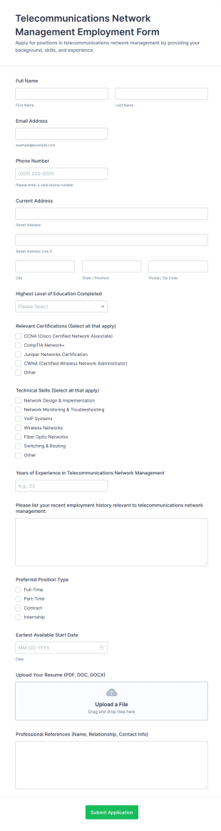 Telecommunications Network Management Employment Form Template
