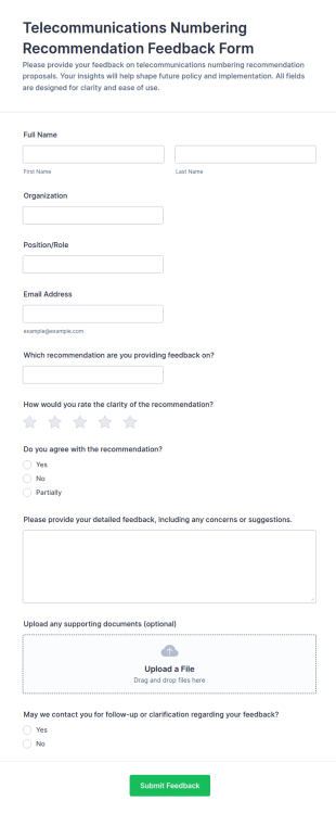 Telecommunications Numbering Recommendation Feedback Form Template
