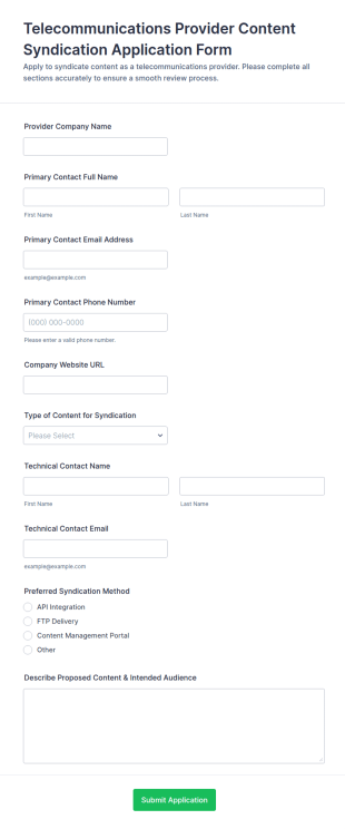 Telecommunications Provider Content Syndication Application Form Template