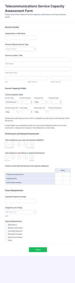 Telecommunications Service Capacity Assessment Form Template