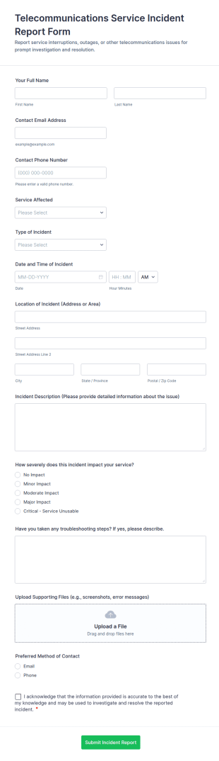 Telecommunications Service Incident Report Form Template