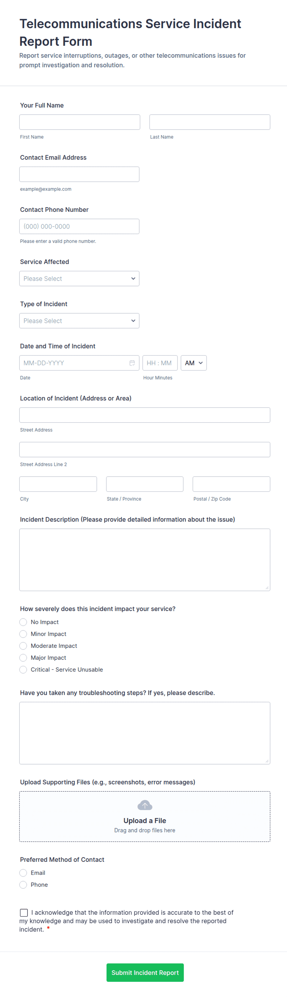 Telecommunication Form Telecommunications Service Incident Report Form Template | Jotform